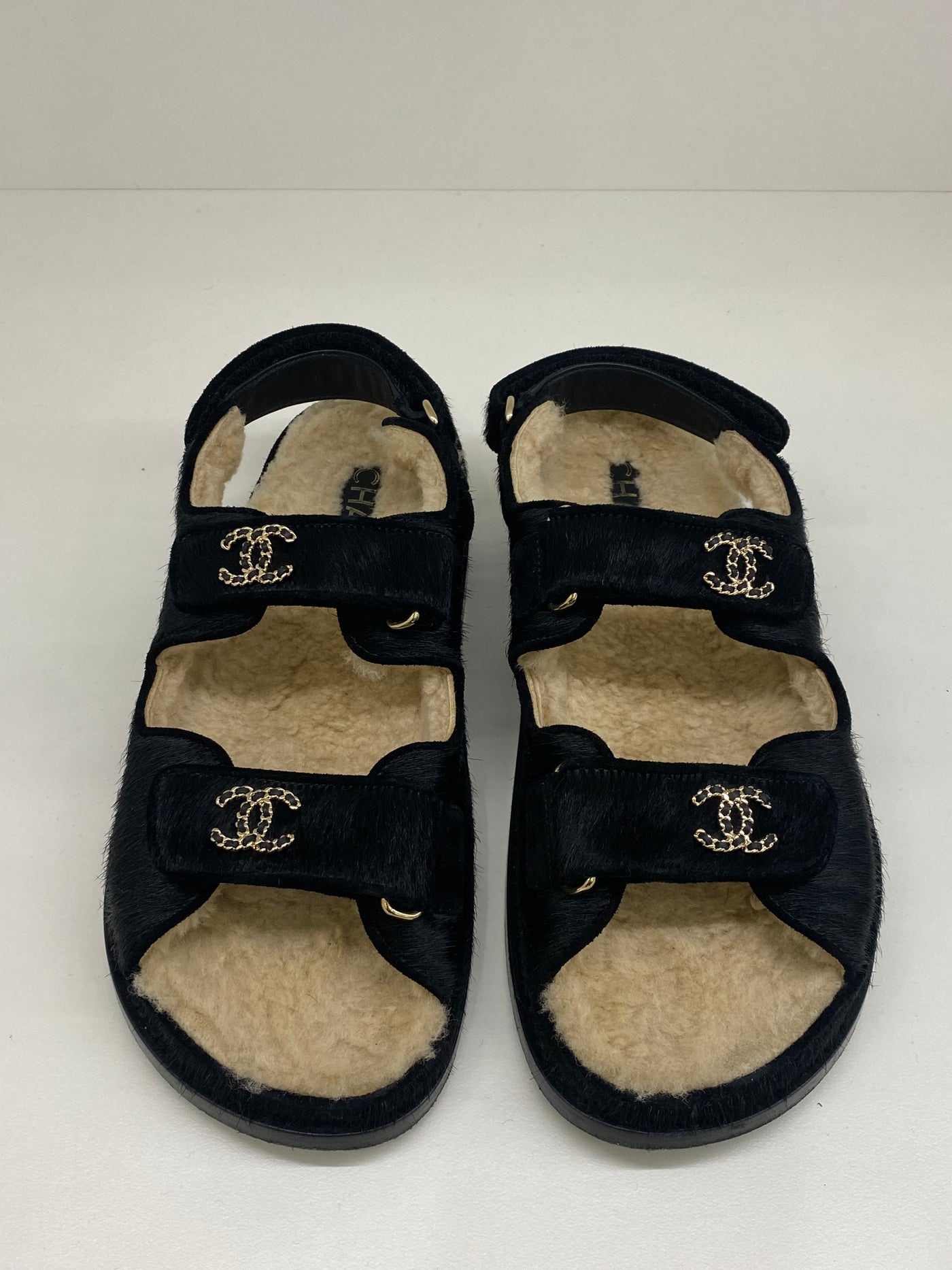 Chanel Dad Sandals Black Calf Hair Size 38