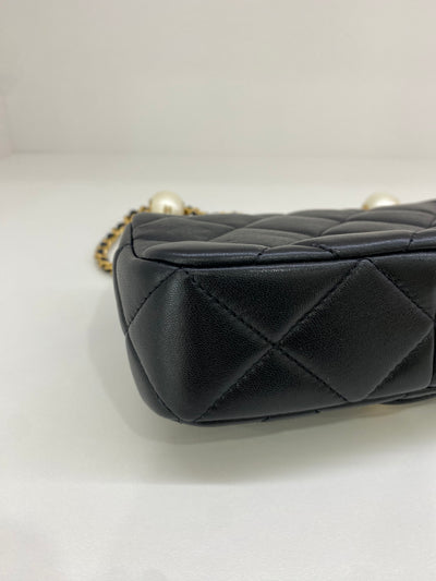 Chanel Mini Square Flap Black GHW Pearl Detail (adjustable chain)