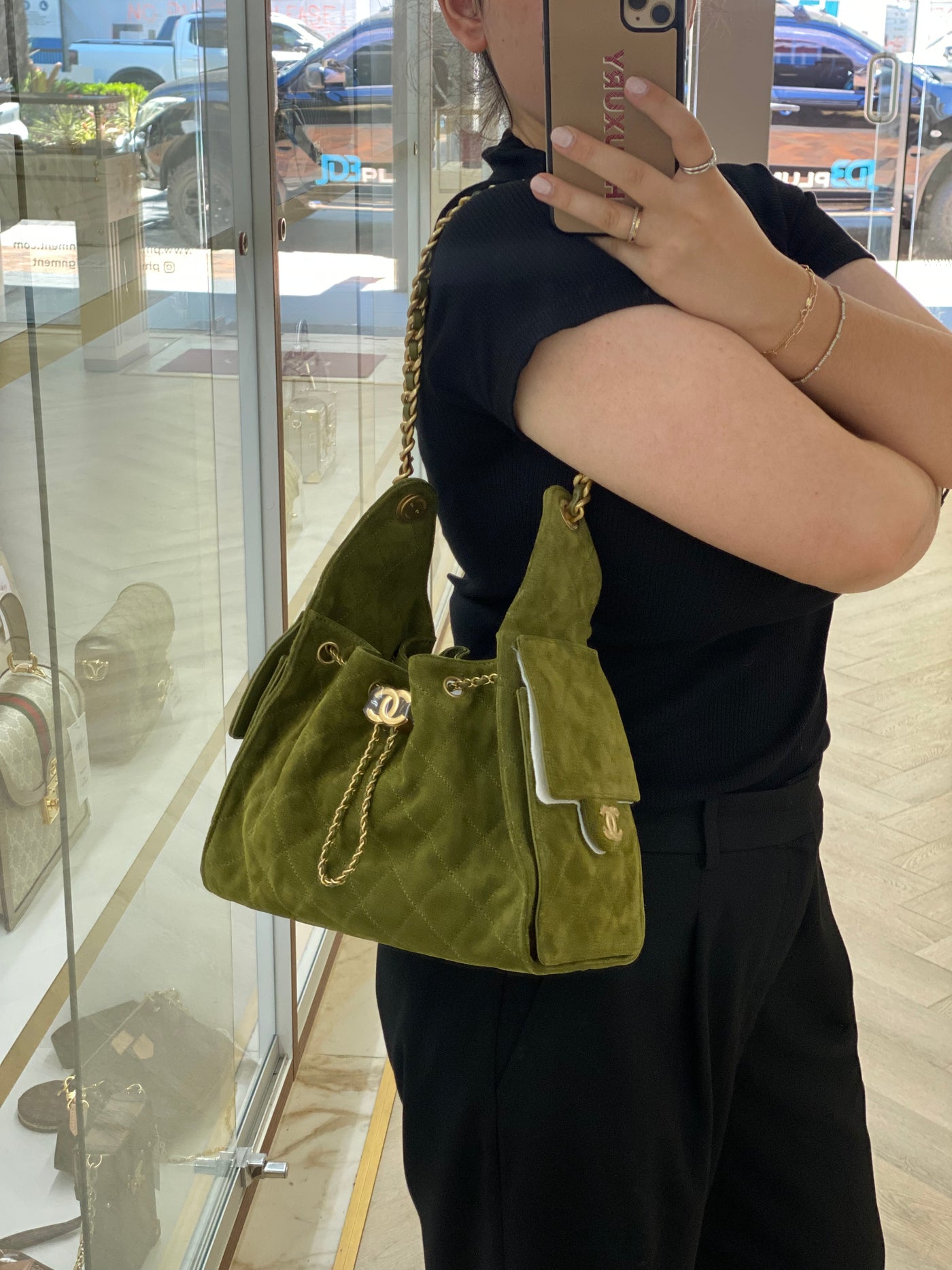 Chanel 25 Bag Small Olive Green Suede GHW