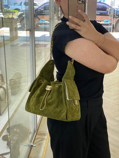Chanel 25 Bag Small Olive Green Suede GHW