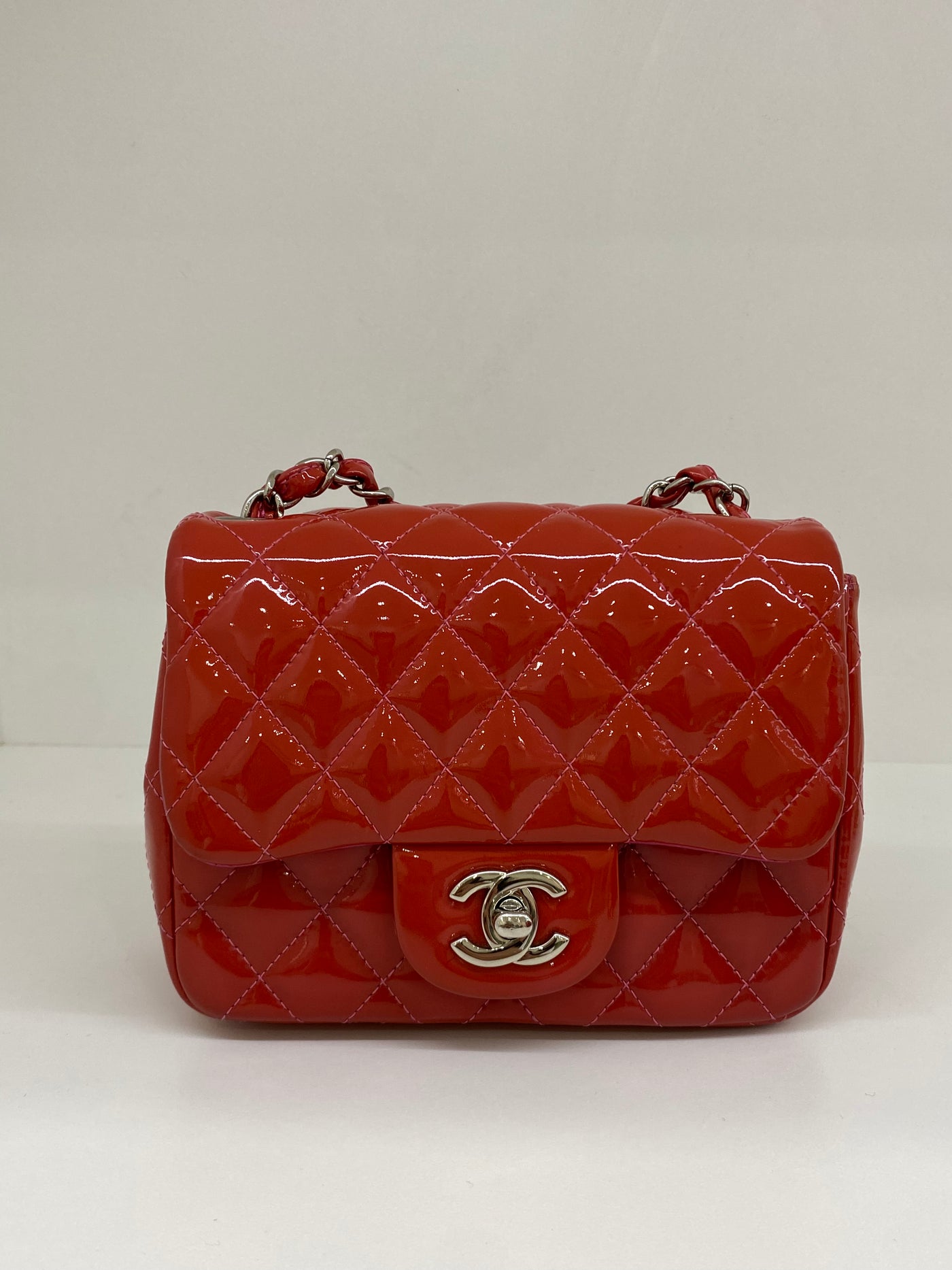 Chanel Square Mini Red/Pink Patent Classic Flap SHW