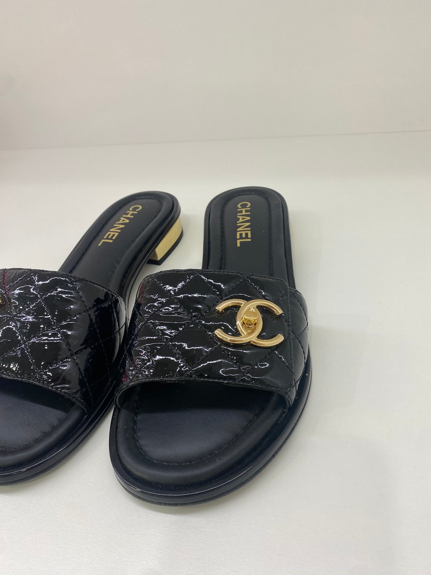 Chanel Black Patent Slides 38.5C