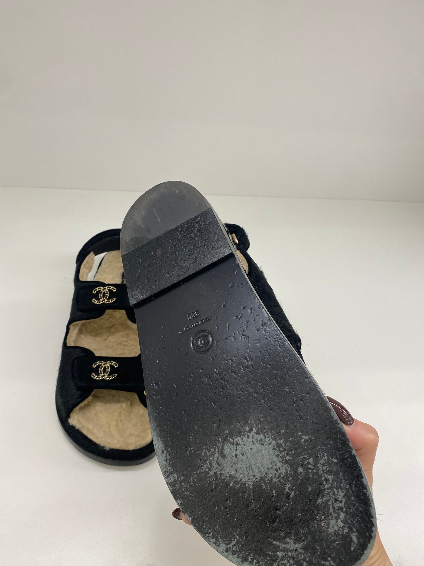Chanel Dad Sandals Black Calf Hair Size 38