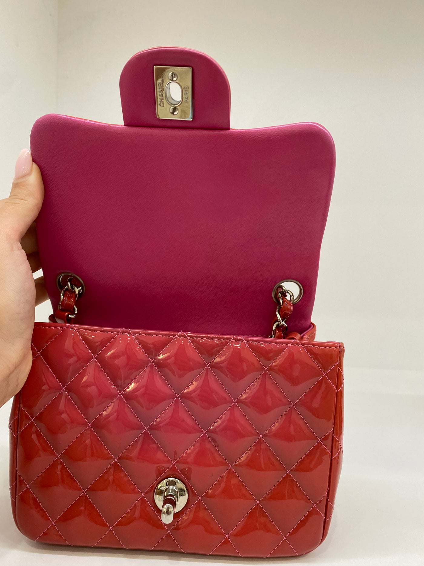 Chanel Square Mini Red/Pink Patent Classic Flap SHW