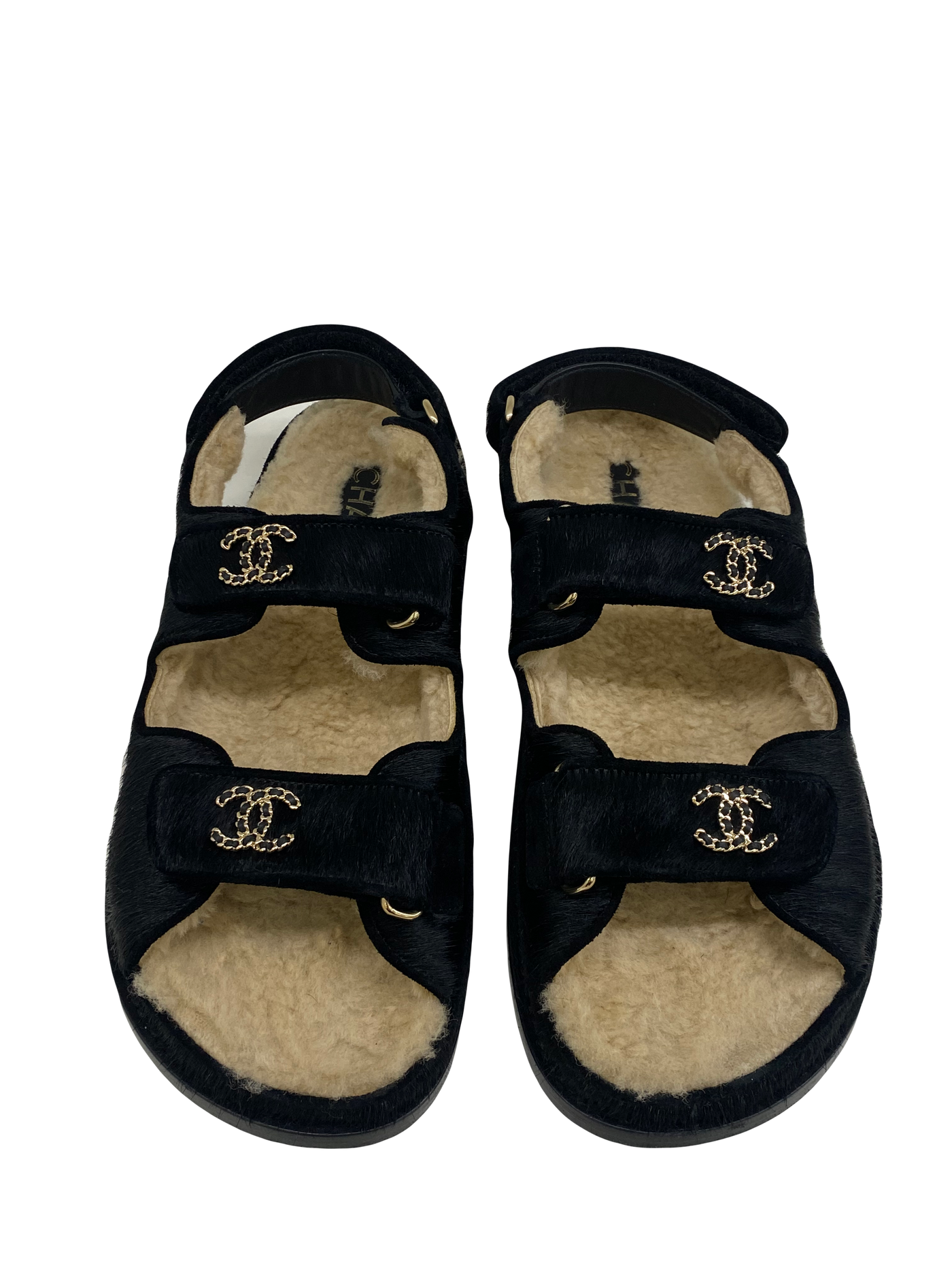 Chanel Dad Sandals Black Calf Hair Size 38