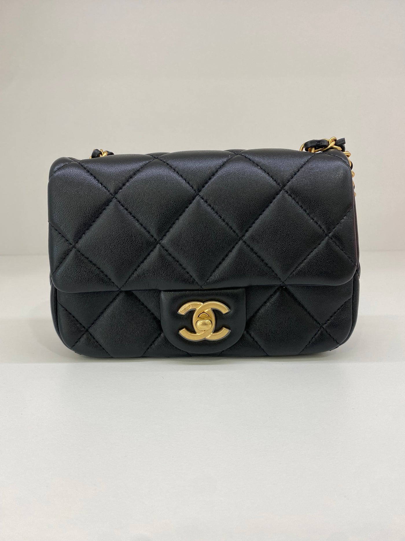 Chanel Mini Square Flap Black GHW Pearl Detail (adjustable chain)