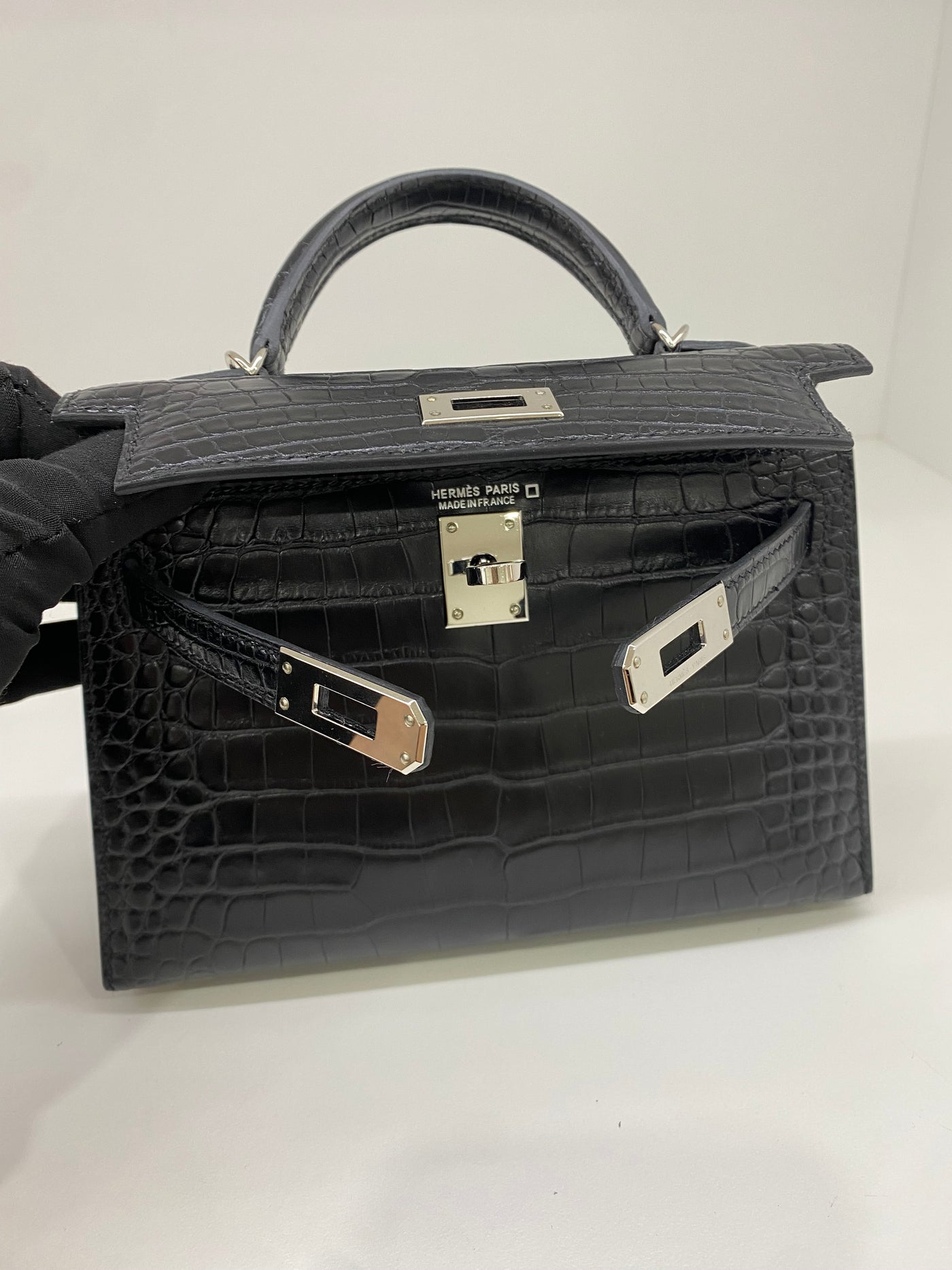 Hermes Mini Kelly Matte Mississippiensis Alligator Noir PHW
