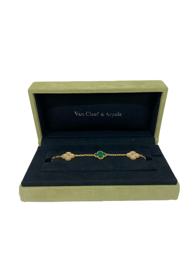 Van Cleef  Arpels 5 Motif Alhambra Malachite and Diamonds Bracelet