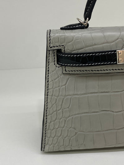 Hermes Mini Kelly Alligator Panda Gris Perle & Noir PHW HSS