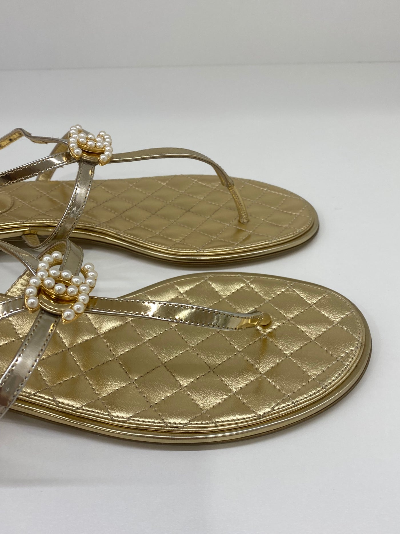 Chanel Gold Sandals Pearl Detail Size 40