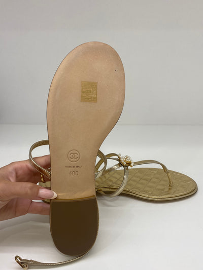 Chanel Gold Sandals Pearl Detail Size 40