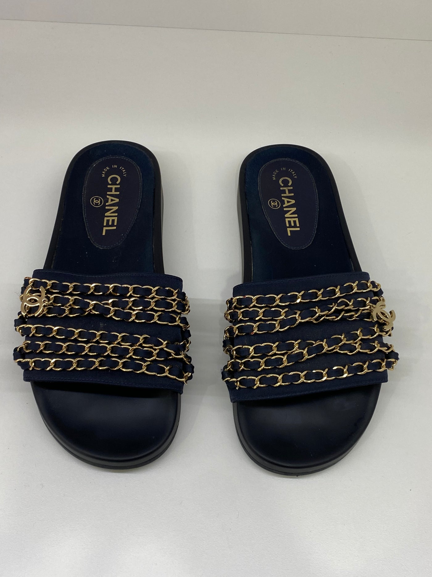 Chanel Navy Slides Gold Chains - Size 38