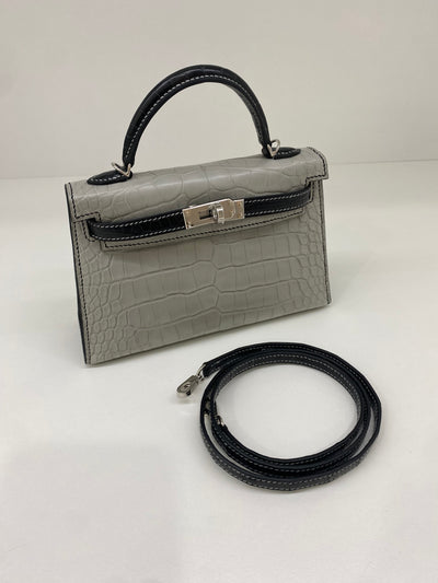 Hermes Mini Kelly Alligator Panda Gris Perle & Noir PHW HSS