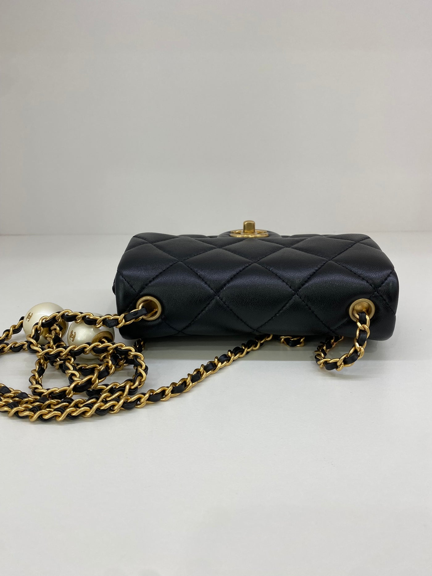 Chanel Mini Square Flap Black GHW Pearl Detail (adjustable chain)