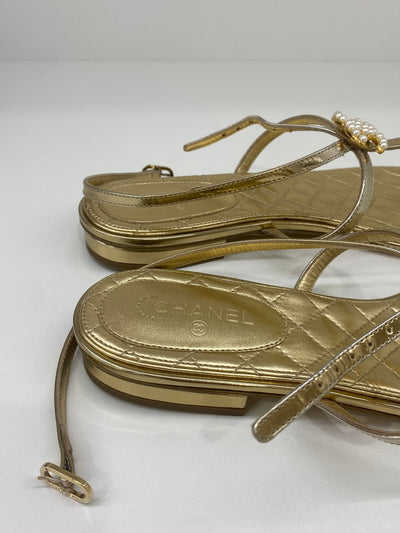 Chanel Gold Sandals Pearl Detail Size 40