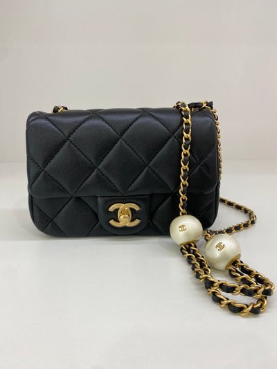 Chanel Mini Square Flap Black GHW Pearl Detail (adjustable chain)