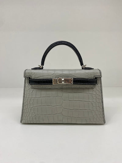 Hermes Mini Kelly Alligator Panda Gris Perle & Noir PHW HSS