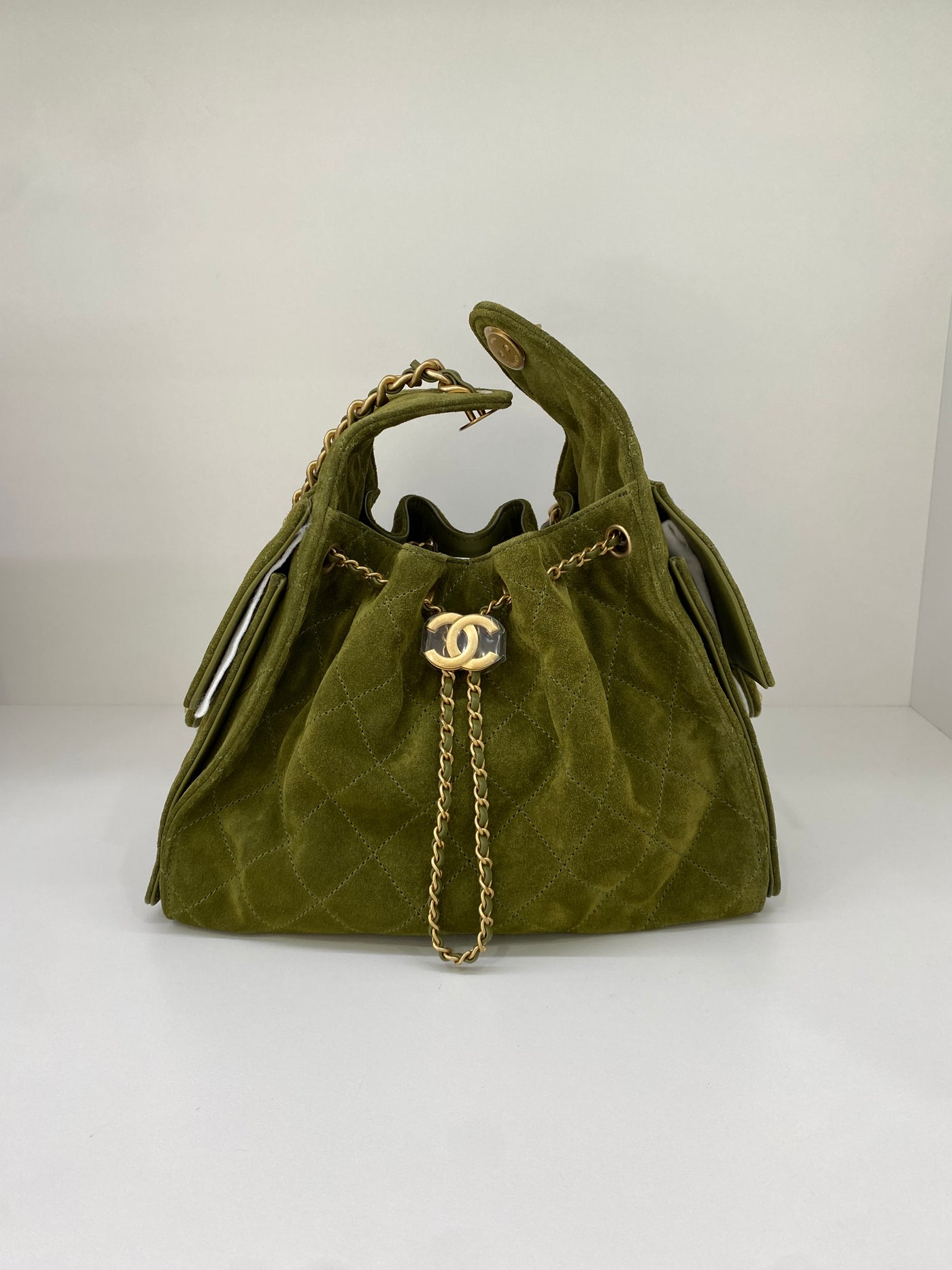 Chanel 25 Bag Small Olive Green Suede GHW