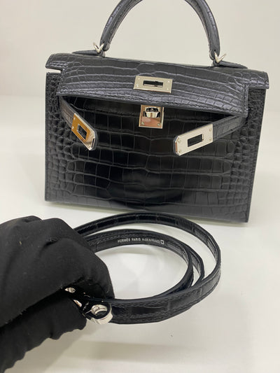 Hermes Mini Kelly Matte Mississippiensis Alligator Noir PHW