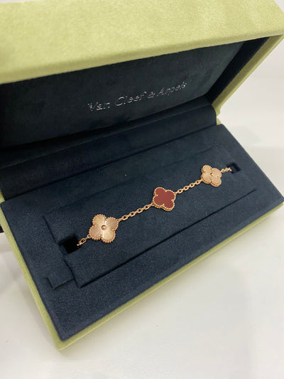Van Cleef & Arpels 5 Motif Alhambra Bracelet Rose Gold and Carnelian
