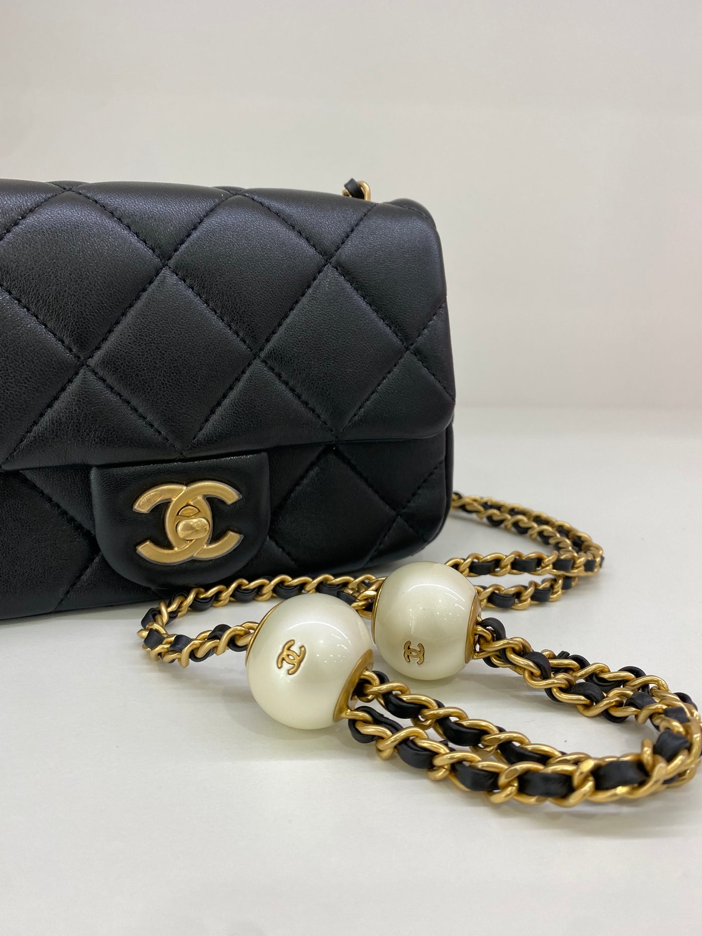 Chanel Mini Square Flap Black GHW Pearl Detail (adjustable chain)