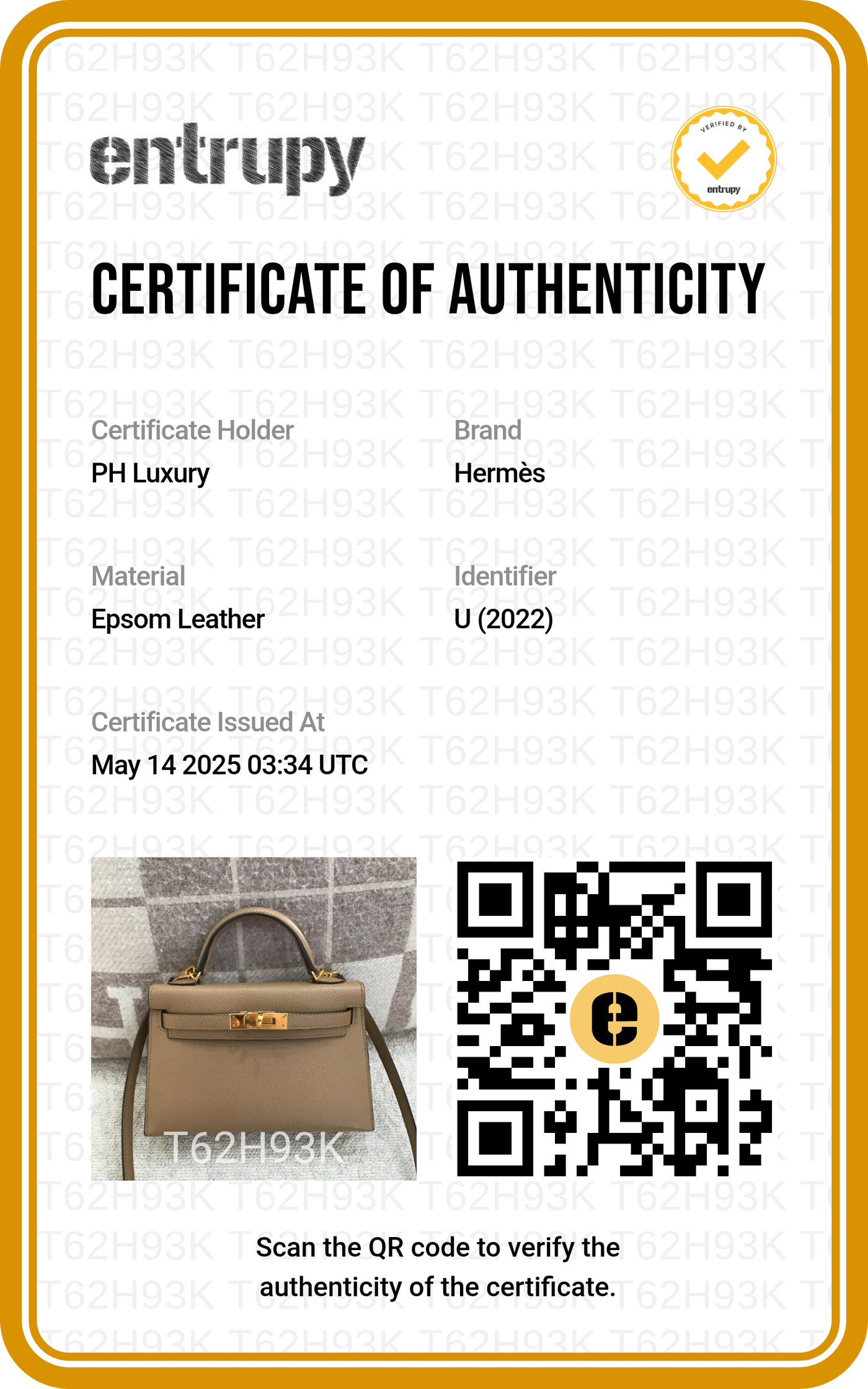 Hermes Mini Kelly Epsom Chai GHW