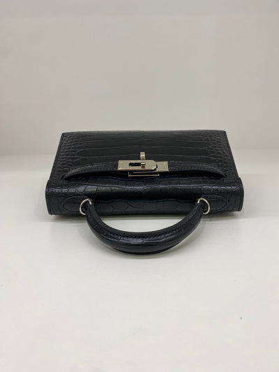 Hermes Mini Kelly Matte Mississippiensis Alligator Noir PHW
