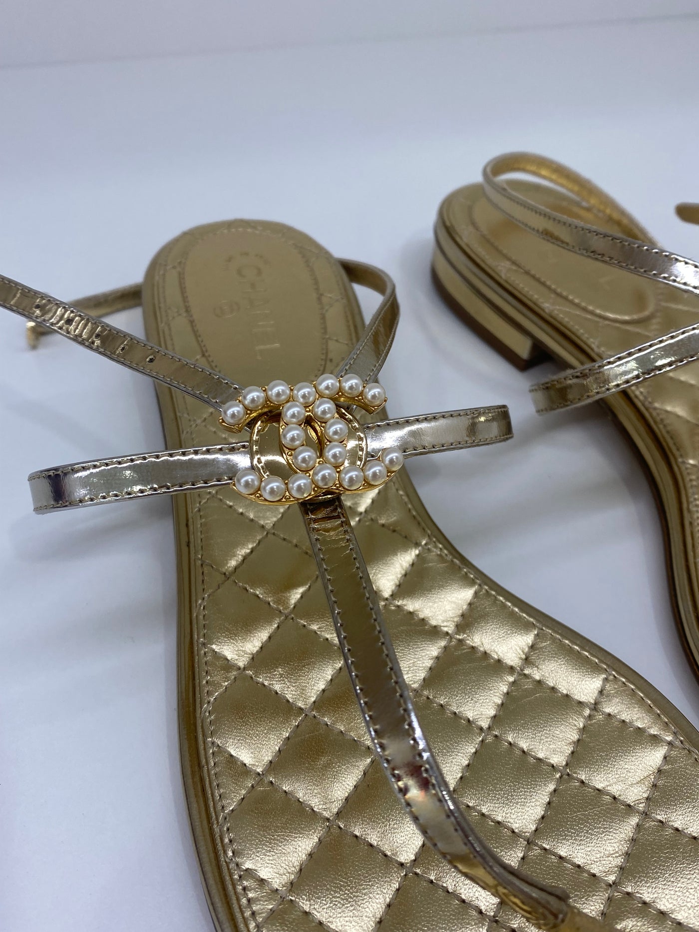 Chanel Gold Sandals Pearl Detail Size 40