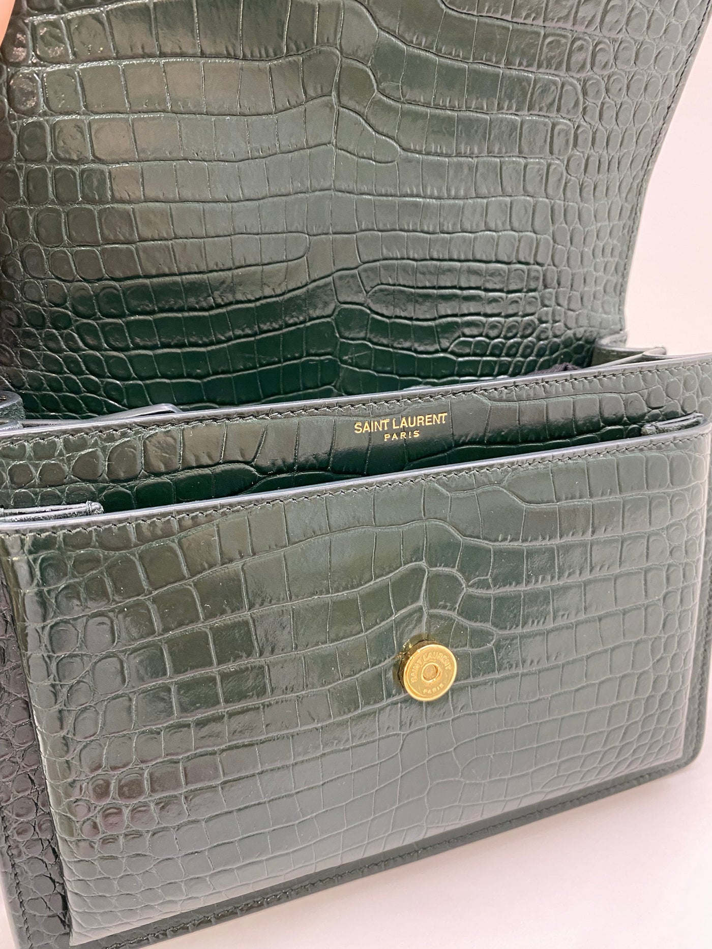 Saint Laurent Green Croc Embossed Medium Sunset Bag