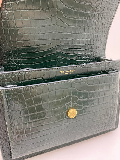 Saint Laurent Green Croc Embossed Medium Sunset Bag