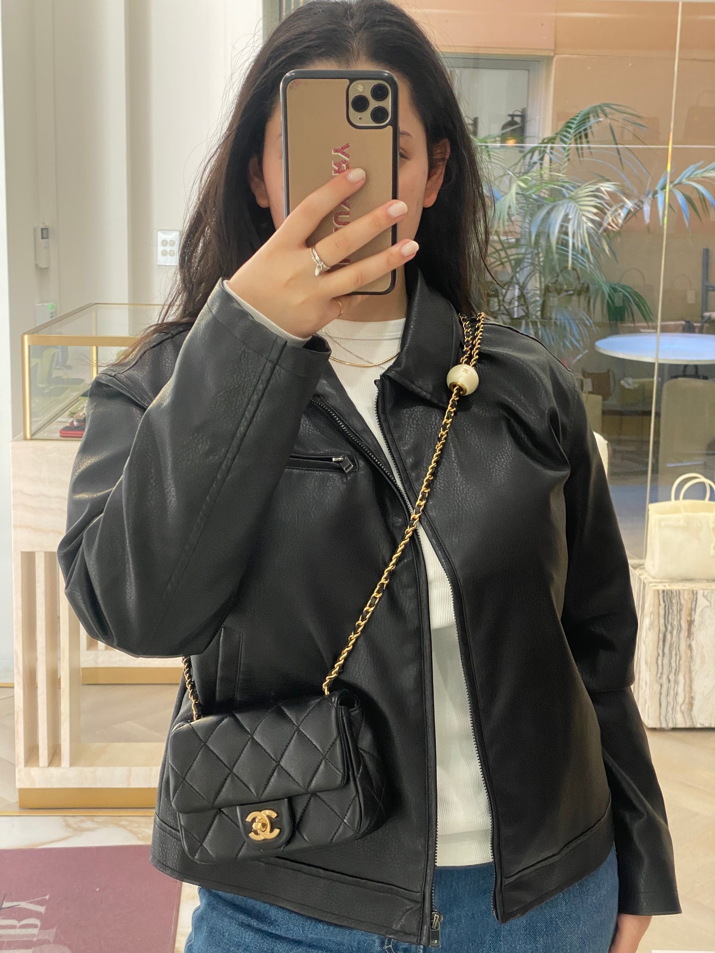Chanel Mini Square Flap Black GHW Pearl Detail (adjustable chain)