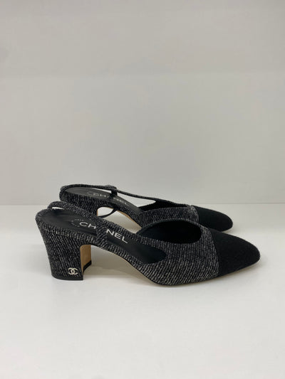 Chanel Slingback Black Tweed Size 38.5