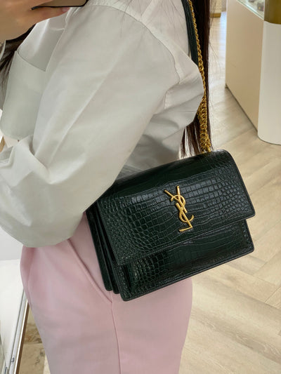 Saint Laurent Green Croc Embossed Medium Sunset Bag