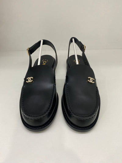 Chanel Diamante Slingback Loafers Black Size 38C