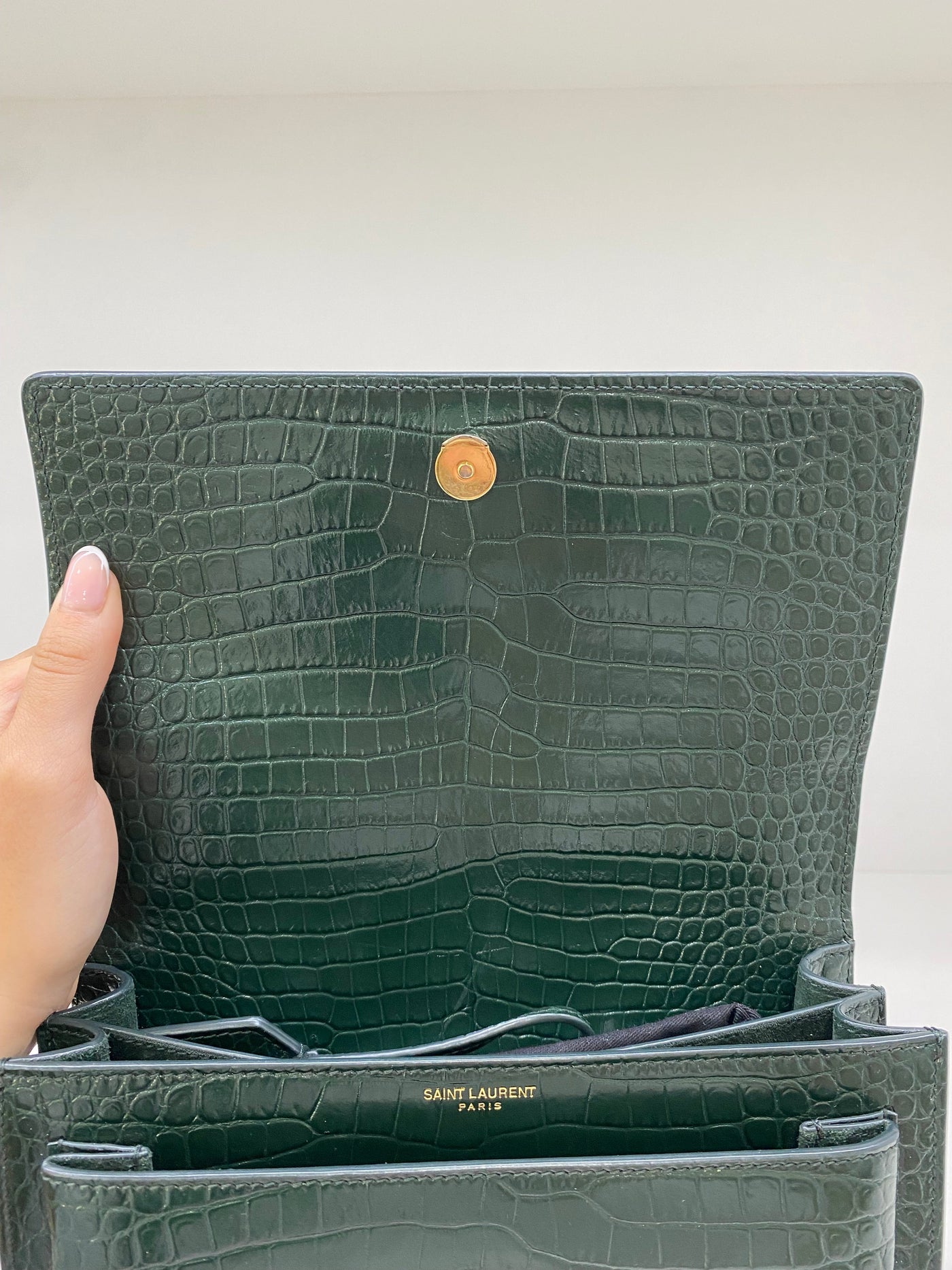 Saint Laurent Green Croc Embossed Medium Sunset Bag