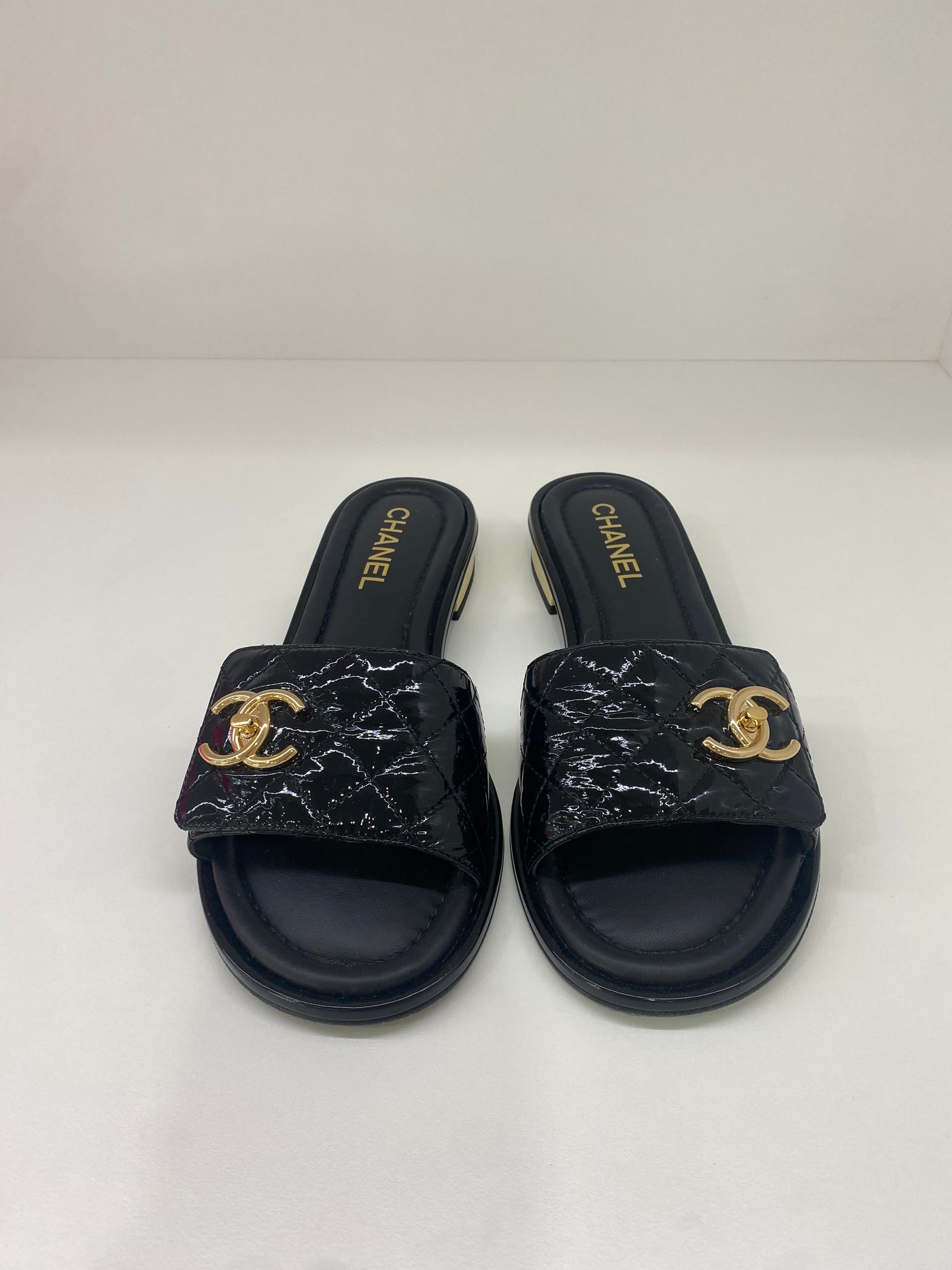 Chanel Black Patent Slides 38.5C