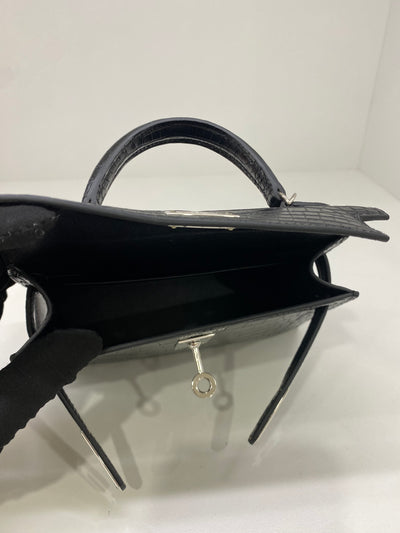 Hermes Mini Kelly Matte Mississippiensis Alligator Noir PHW