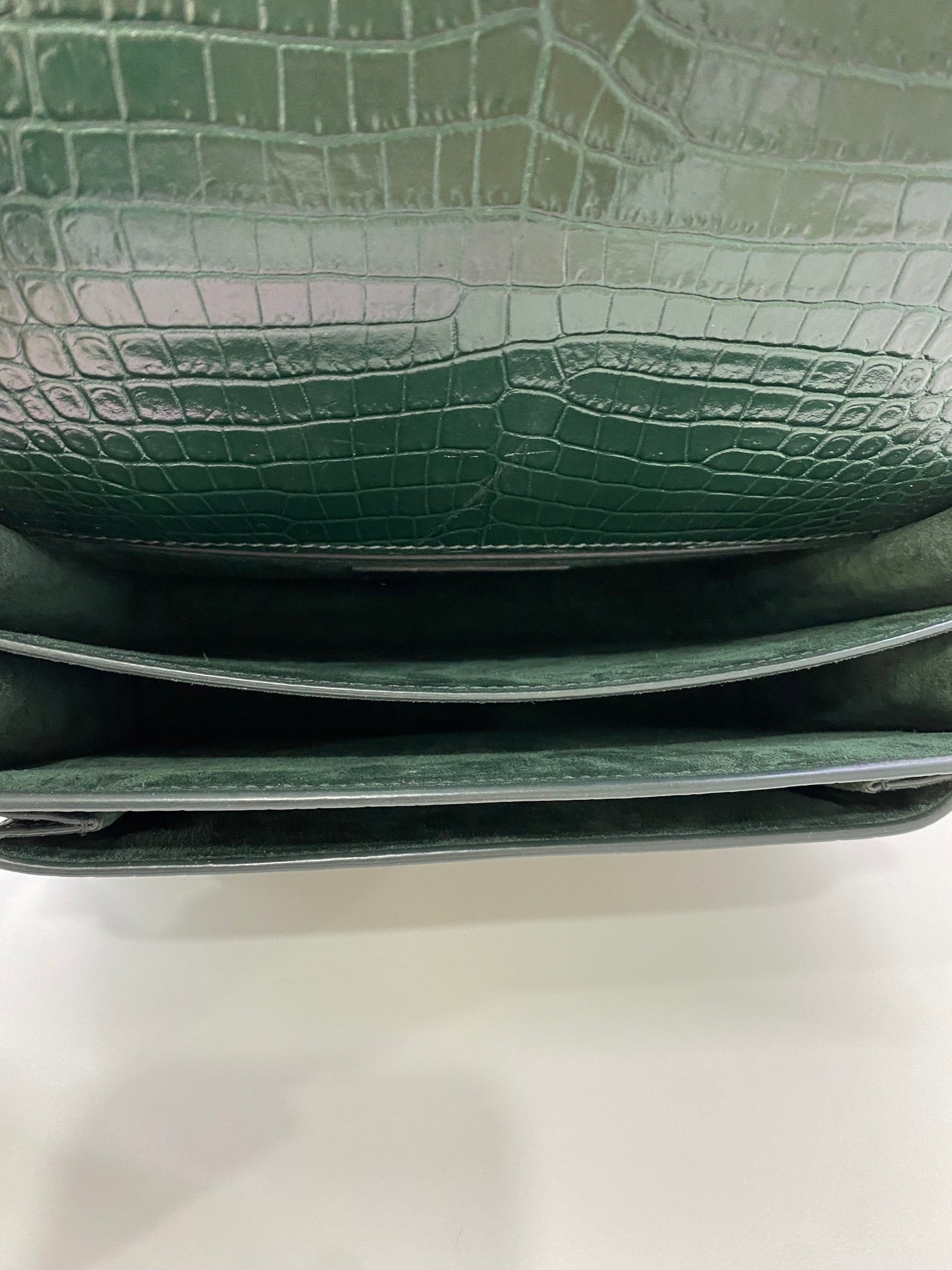 Saint Laurent Green Croc Embossed Medium Sunset Bag