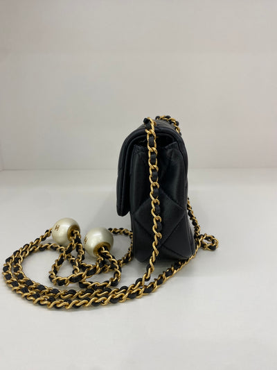 Chanel Mini Square Flap Black GHW Pearl Detail (adjustable chain)