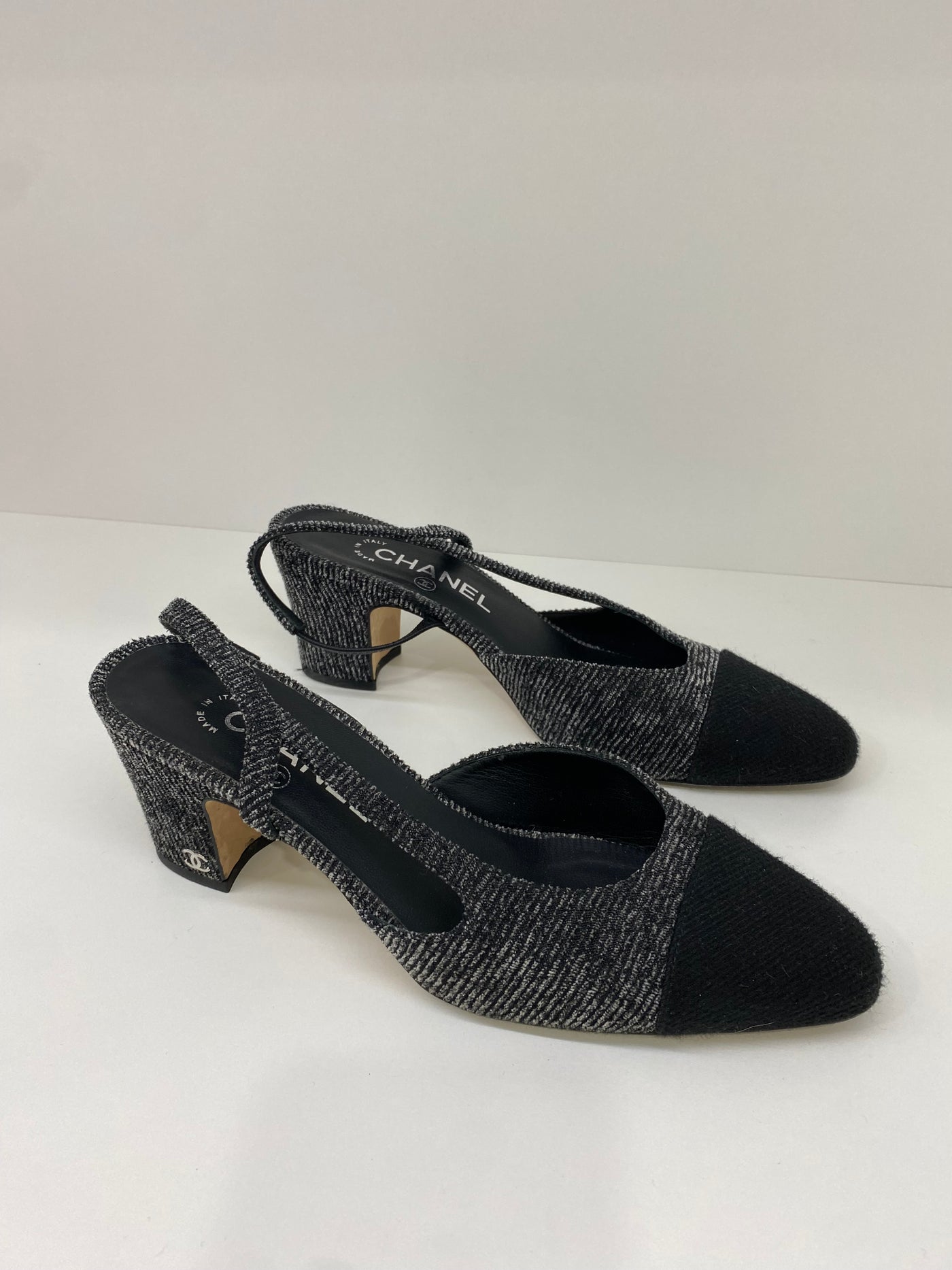 Chanel Slingback Black Tweed Size 38.5