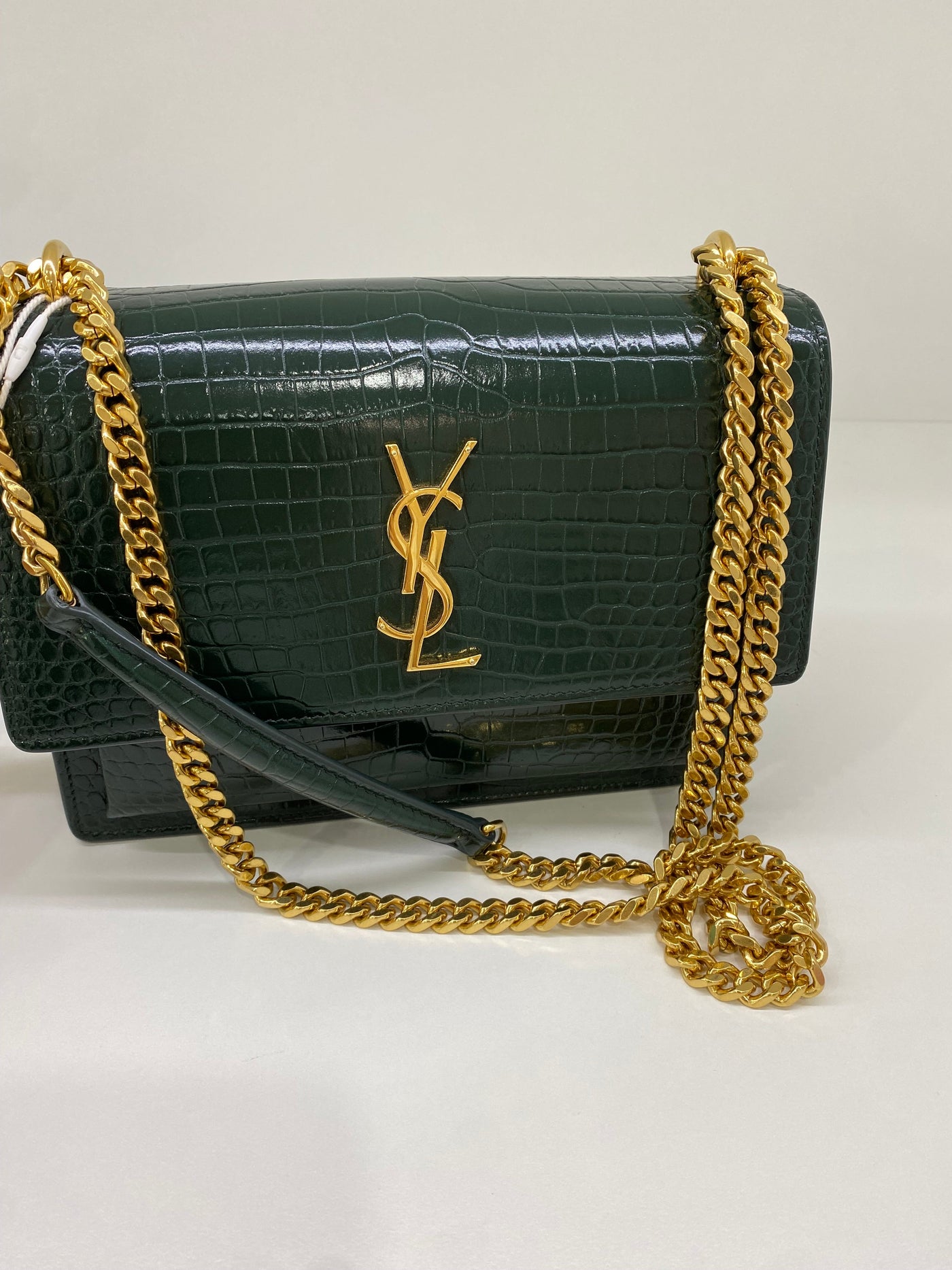 Saint Laurent Green Croc Embossed Medium Sunset Bag