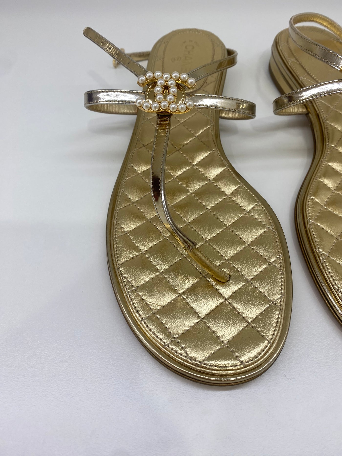 Chanel Gold Sandals Pearl Detail Size 40