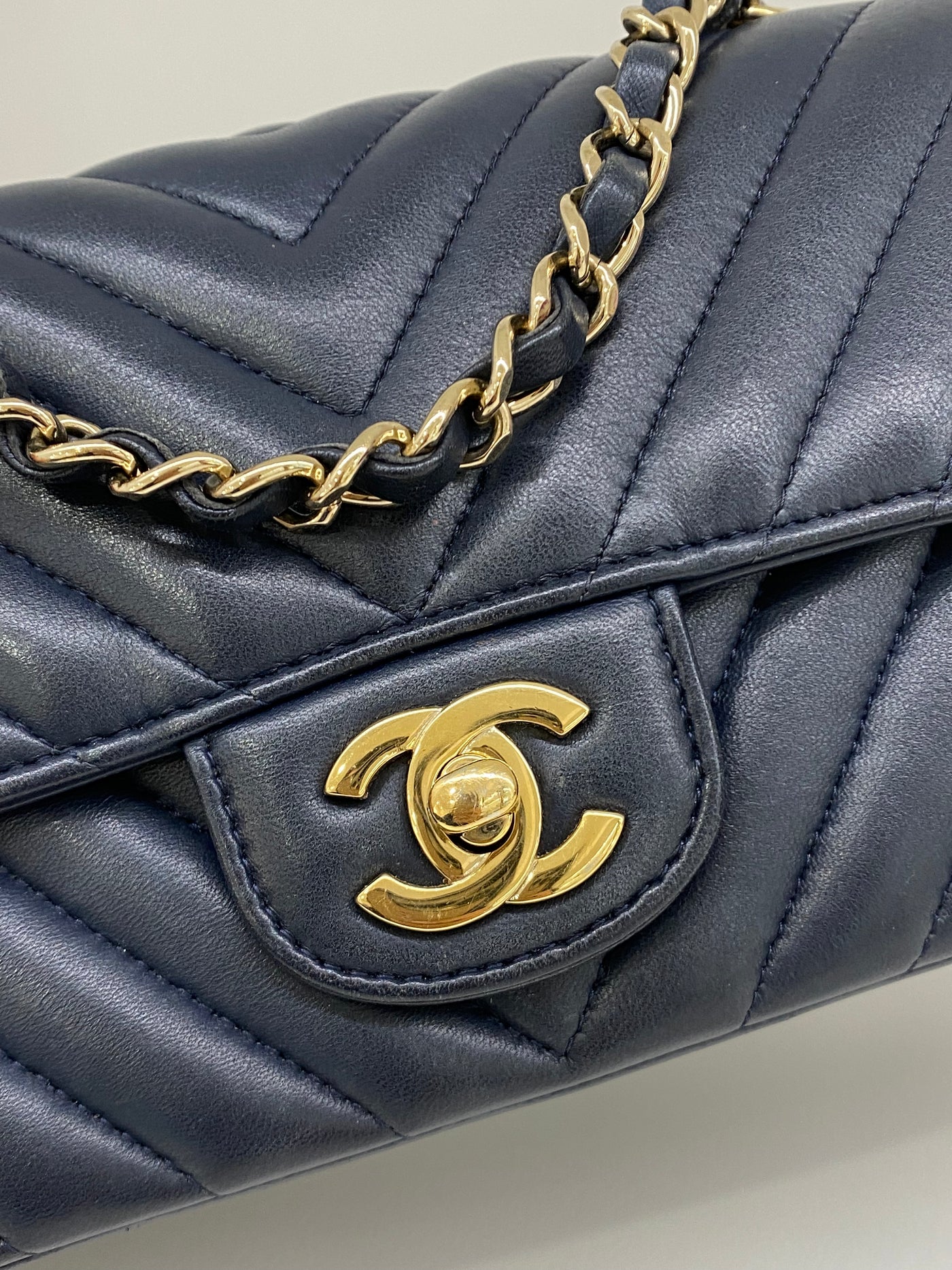 Chanel Navy Classic Rectangle Mini in Chevron Style - GHW