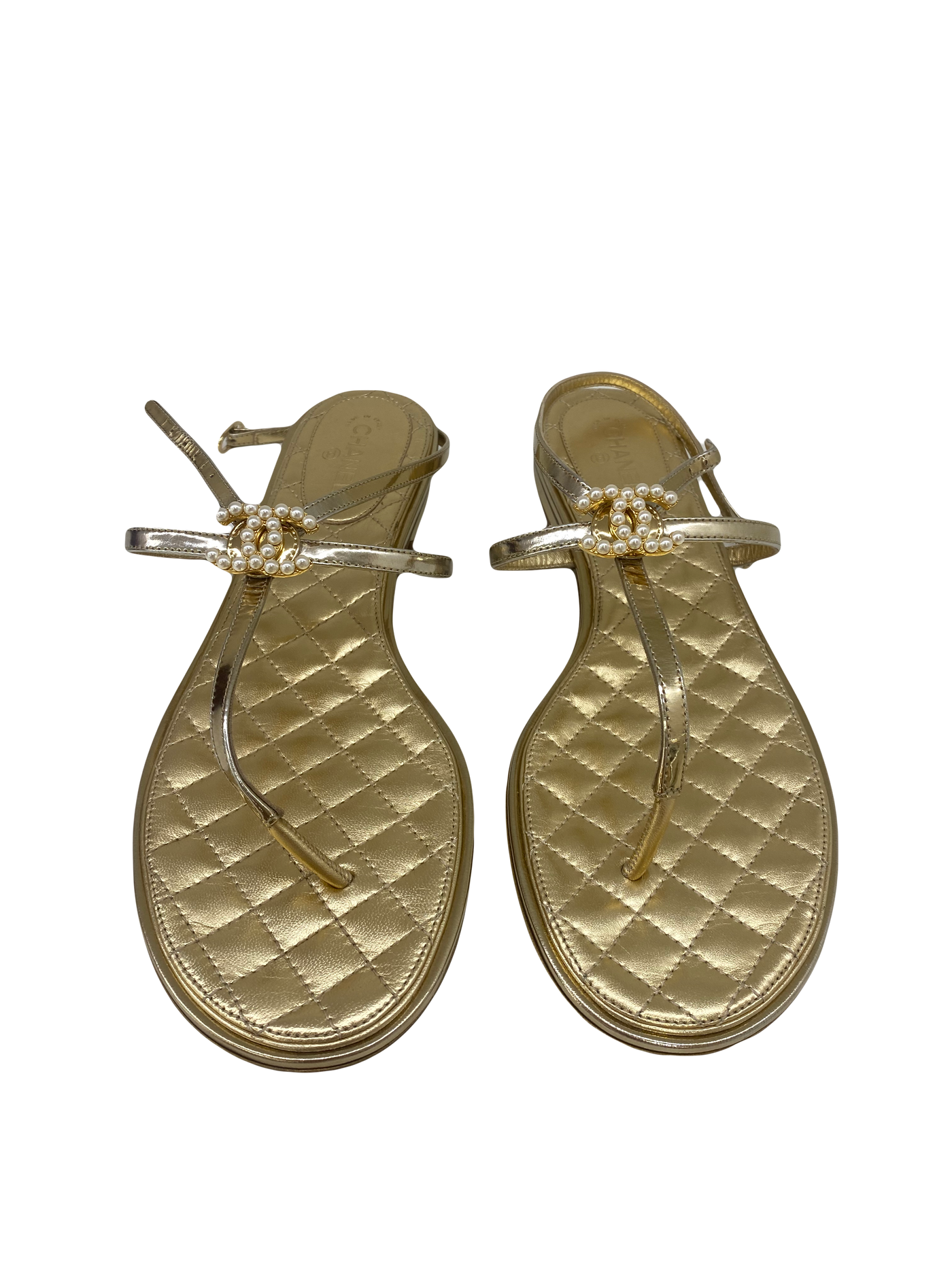 Chanel Gold Sandals Pearl Detail Size 40