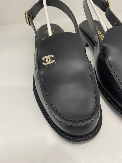 Chanel Diamante Slingback Loafers Black Size 38C