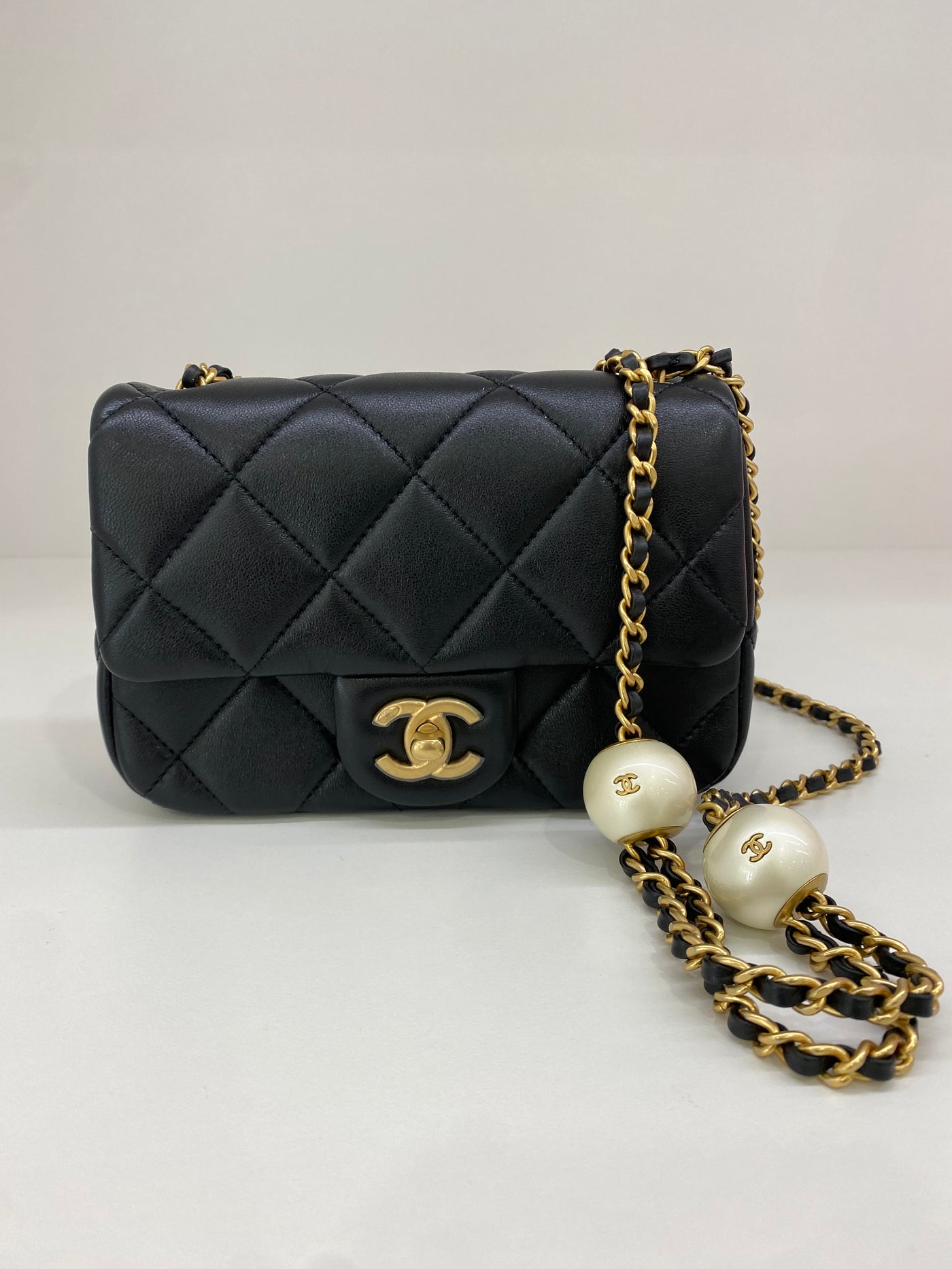 Chanel Mini Square Flap Black GHW Pearl Detail (adjustable chain)