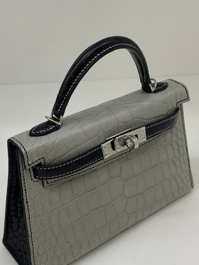 Hermes Mini Kelly Alligator Panda Gris Perle & Noir PHW HSS