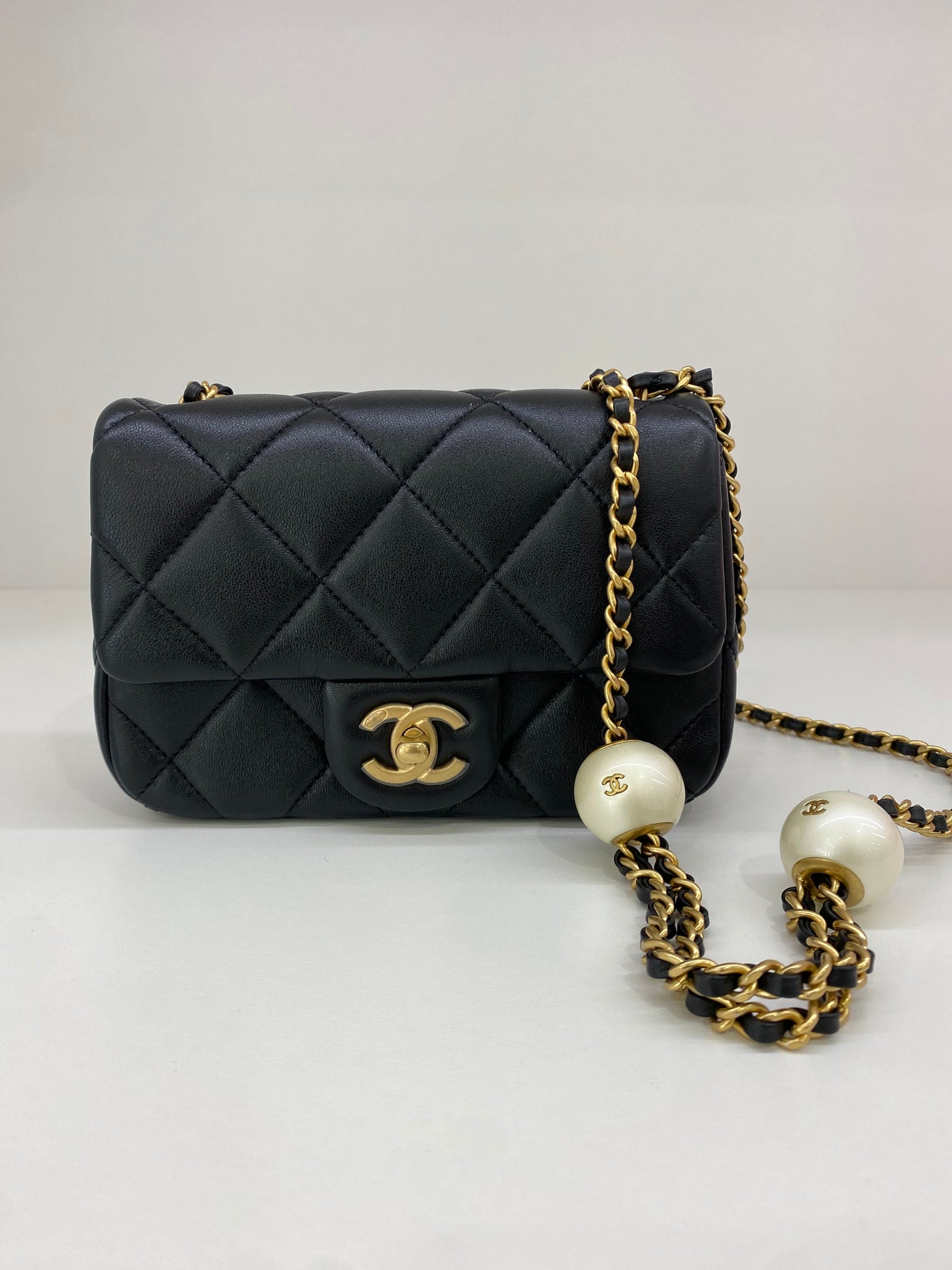 Chanel Mini Square Flap Black GHW Pearl Detail (adjustable chain)