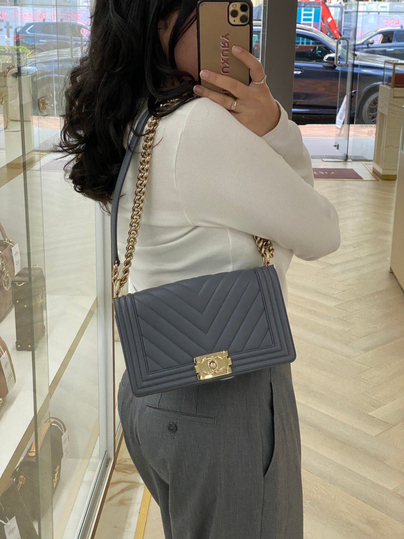 Chanel Boy Bag Chevron Grey Lambskin CGHW