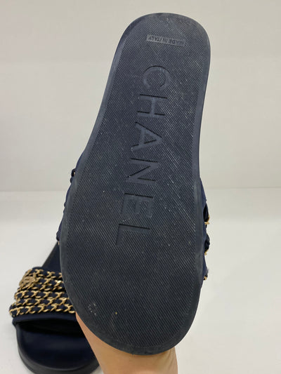 Chanel Navy Slides Gold Chains - Size 38